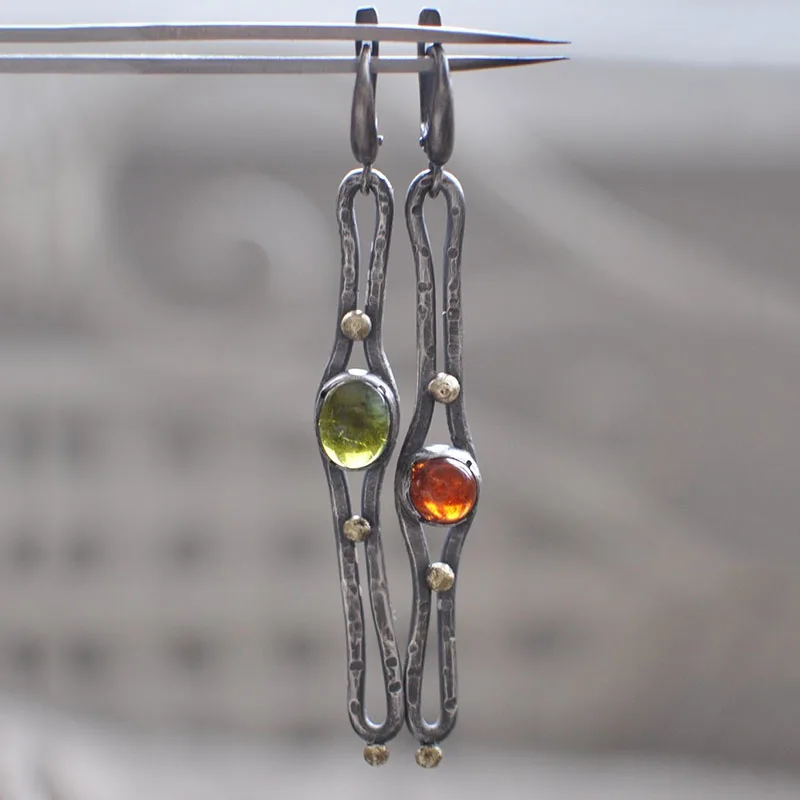 

Asymmetric Green Orange Stone Long Earrings for Women Tribal Jewelry Antique Silver Color Handmade Drop Dangle Earrings
