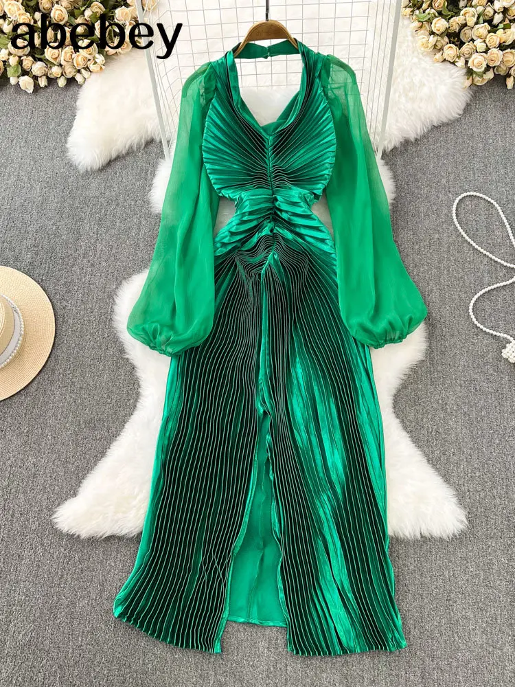 

Pleated Splid Wedding Party Midi Dress Women V Neck Slim Long Sleeve Female Temperament Clothing 2022 Autumn New