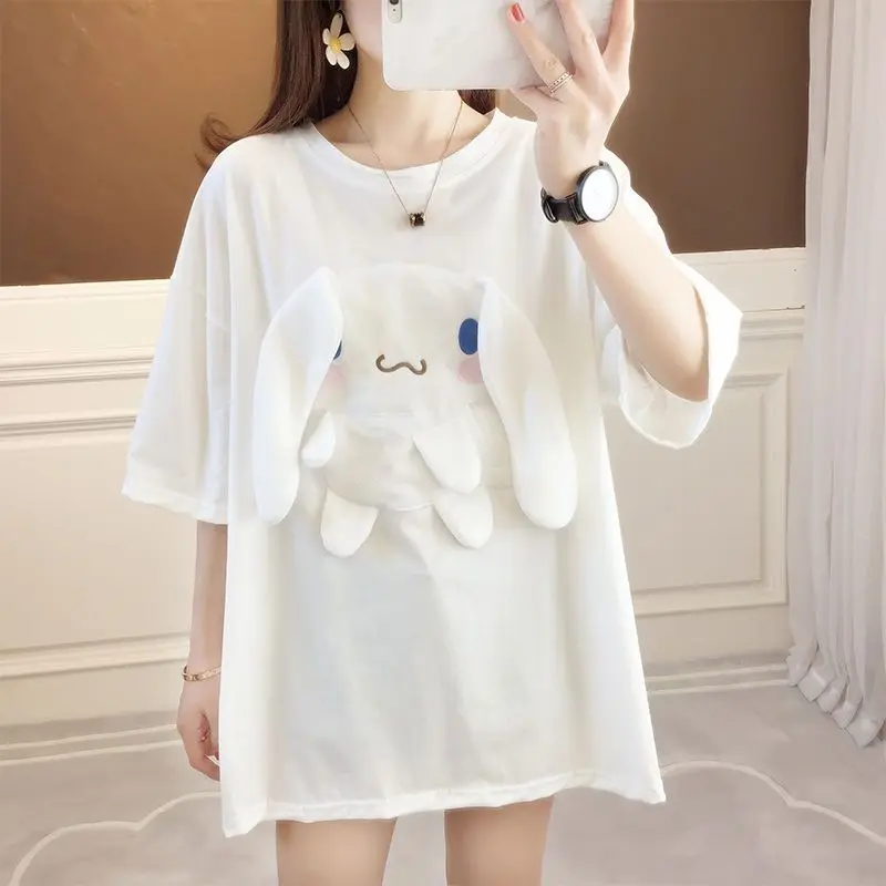 

Kawaii Sanrio Cinnamoroll Short-Sleeved T-Shirt Stereo Big Ears Sweet and Cute Girl Summer Loose All-Match Top Ins Style