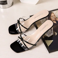pvc transparent crystal slippers summer new light non slip luxury women pumps fashion open toes outdoor square heel slides