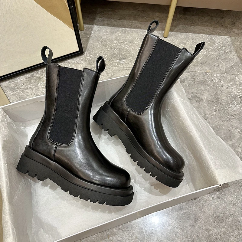 Autumn Genuine Leather Ankle Elastic Boots Shoes Handmade Platform Women Round Toe Short Boot Chunky Heightening Chelsea Boots