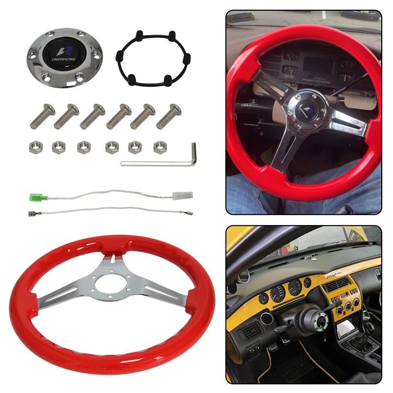 

LR Universal 14in 350mm OD Wood Grain Steering Wheel & Horn Button 6 Bolts 1.75" Dish 3-Spoke