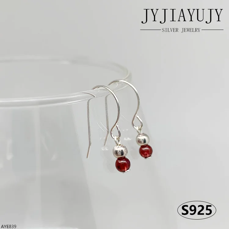 JYJIAYUJY 100% Sterling Silver S925 Drop Hook Earrings 3MM Natural Red Garnet Fashion Trendy Hypoallergenic Jewelry Gift AYE839