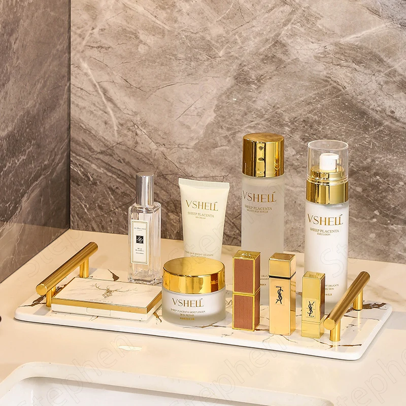 Golden Handle Ceramic Trays Decorative Nordic Modern Gold Marble Texture Home Bathroom Cosmetic Skin Care Products Storage Tray |