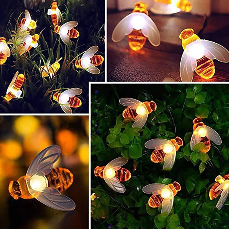 Солнечная светодиодная гирлянда с 20 светодиодами на 5 метров "Медовая пчелка" для наружного использования на водонепроницаемой газонной декорации с двумя режимами мерцания.