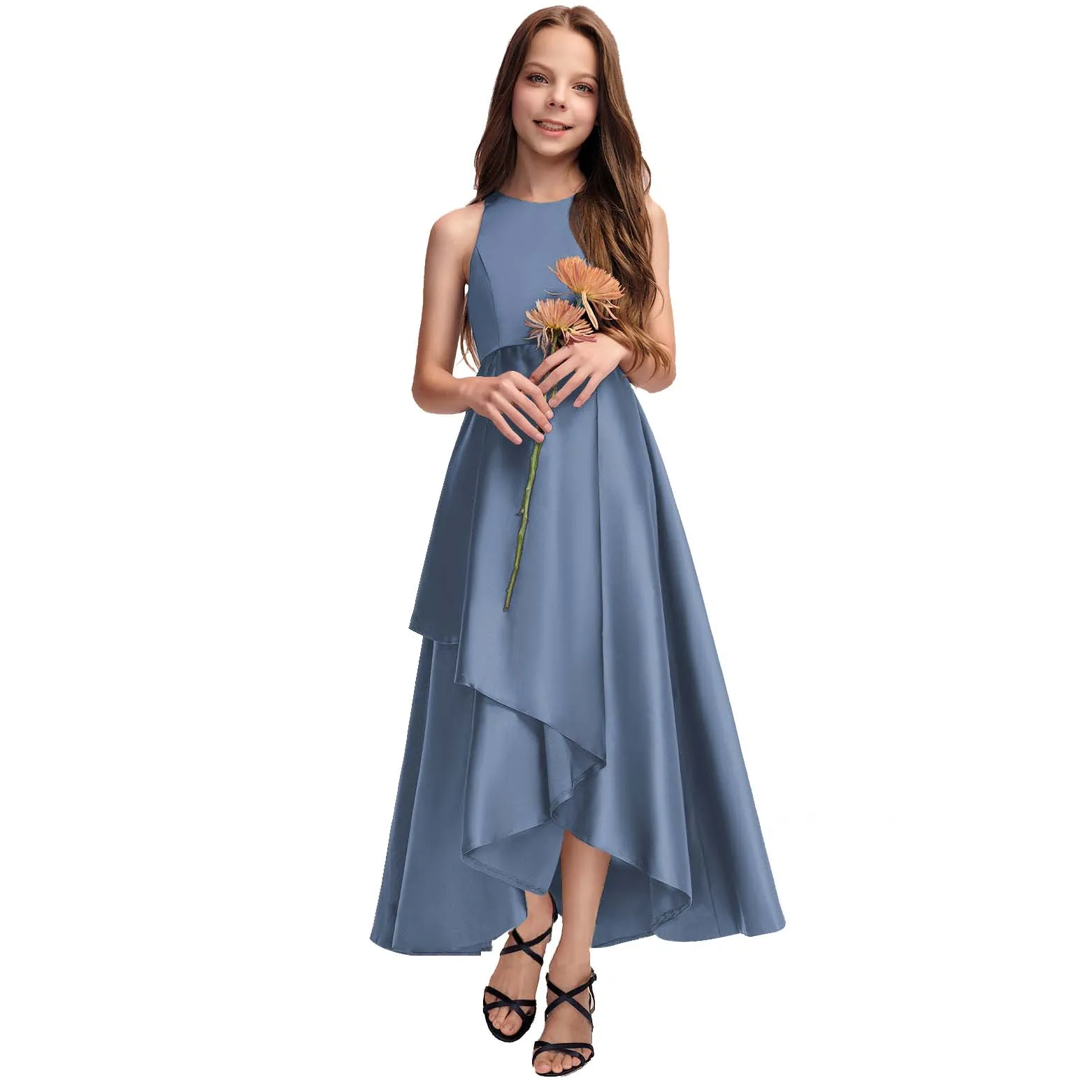 YZYmanualroom Flower Girl Dress Satin Dusty Blue Evening Dress New Elegant Slim Banquet Gowns