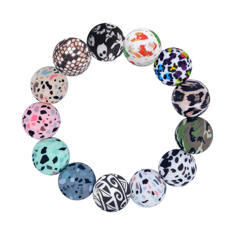 

50Pcs Silicone Printed Beads 12mm Round Leopard Beads For Jewelry Making Teething Toy DIY Pacifier Chain Bracelet Accessories