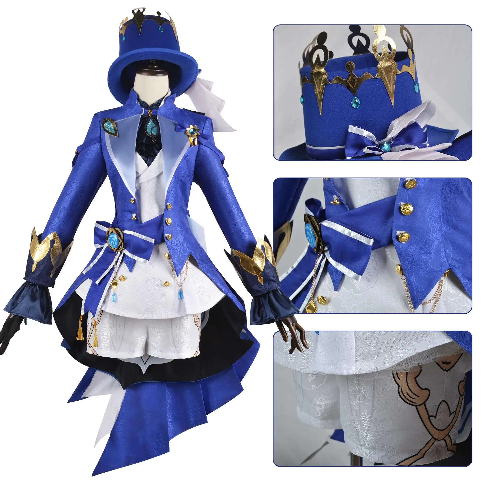 

Focalors Cosplay Costume Curly Wig Game Genshin Impact Fontaine God of Justice Blue Uniform Vision Hat Hydro Bracelet Necklace