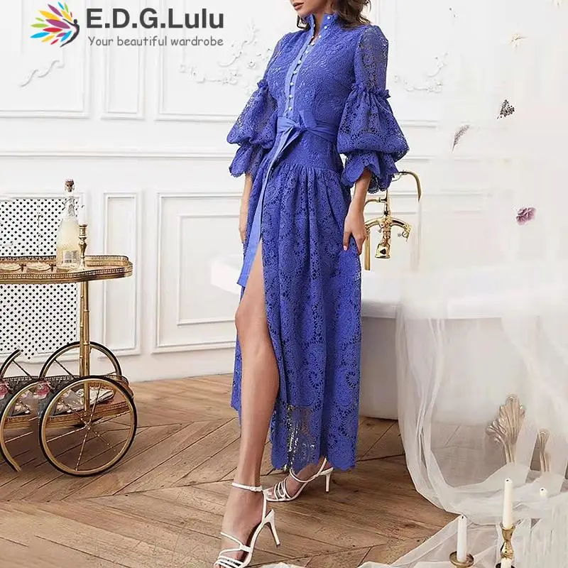 

EDGLuLu Fashion Stand Collar Flared Sleeves Hollow Design Lace Long Dress For Women 2022 Lace Embroidery Lace-up Party Dress0630