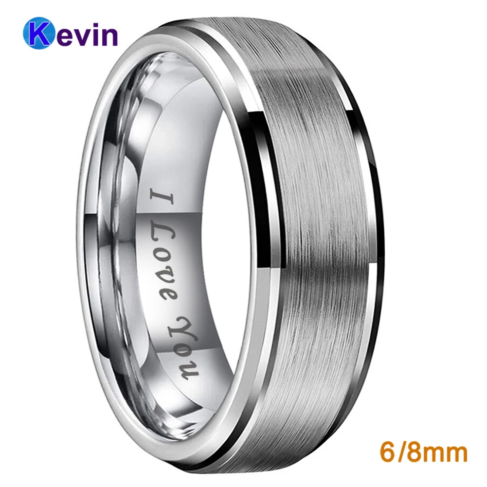 

6mm 8mm Men Women Wedding Band Tungsten Carbide Ring With Stepped Beveled Brushed I Love You Engraved Comfort Fit