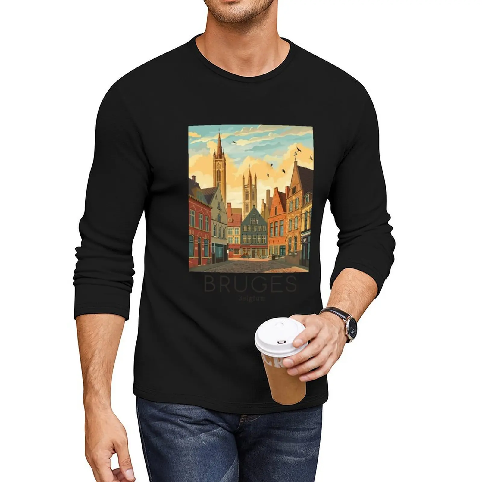 A Vintage Travel Illustration of Bruges - Belgium Long T-Shirt new edition t shirt quick drying t-shirt shirts for men cotton