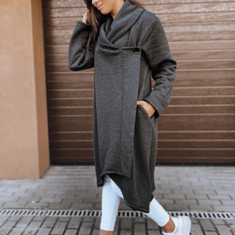 

Винтажная простая теплая длинная куртка, зимний модный Тренч на пуговицах с лацканами, Осеннее повседневное однотонное свободное Женское п...