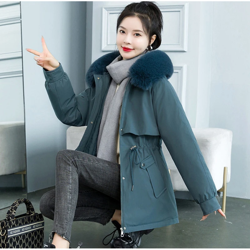 Women's Winter Mid-length Parker Quilted Coat Fur Collar Hooded Thickened Loose Warm Cotton Clothes Fashion Street Clothes