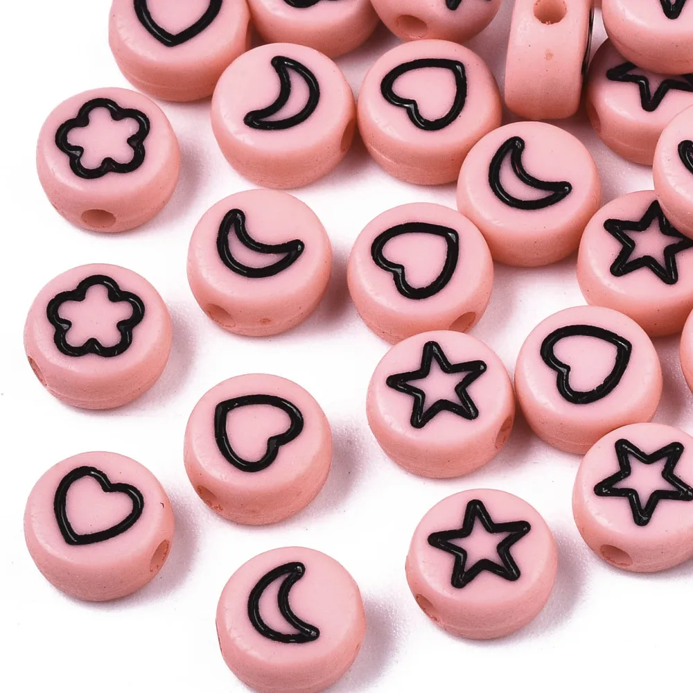 

200PCS Opaque Acrylic Beads with Enamel Flat Round with Heart & Star & Moon & Flower Pink 7x4mm Hole: 1.5mm