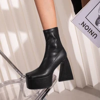 super high tapered hollow thick heel square toe plush inner tight elastic boots high waterproof platform catwalk ankle boots