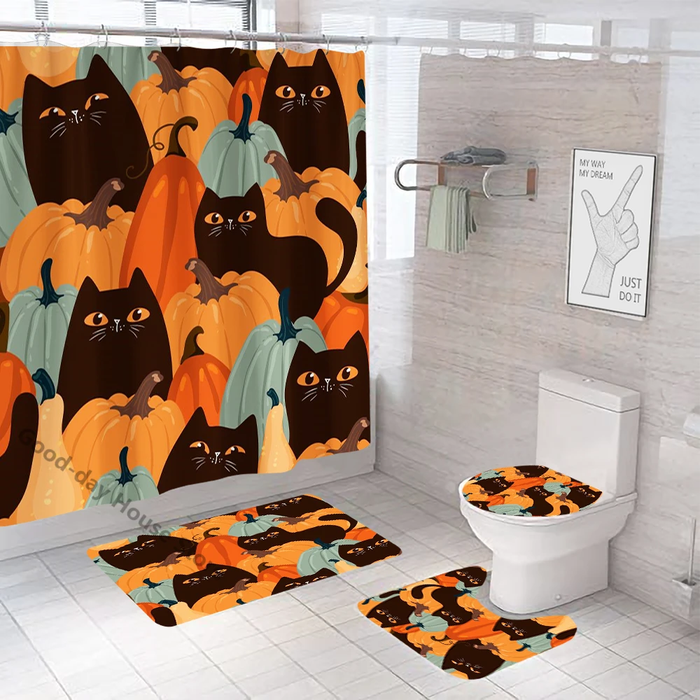 

Набор занавесок для душа на Хэллоуин с милым котом, мультяшная водонепроницаемая ткань из полиэстера, коврик для ванной, крышка для туалета,...