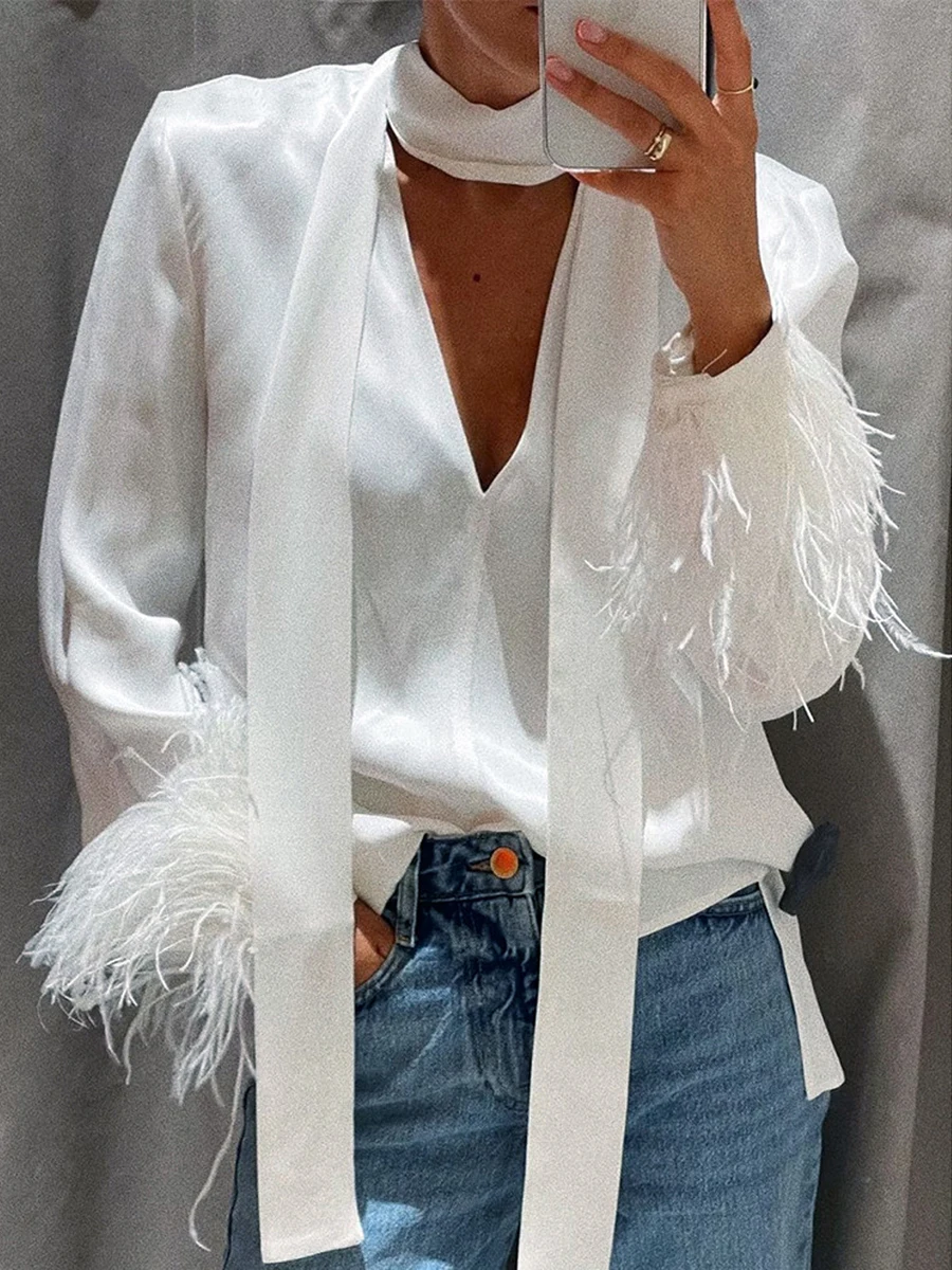 

Women Spring AutumnSolid Color Feather Blouse Long Sleeve V Neck Casual Party Street shirt Tops with Scarf White