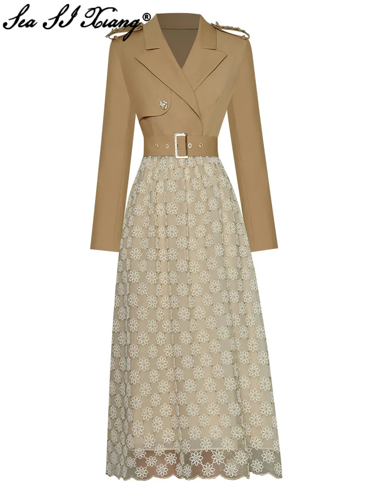 

Seasixiang Fashion Designer Spring Dress Crystal Epaulet Long Sleeves Lace Up Flower Embroidery Office Lady Midi Dresses