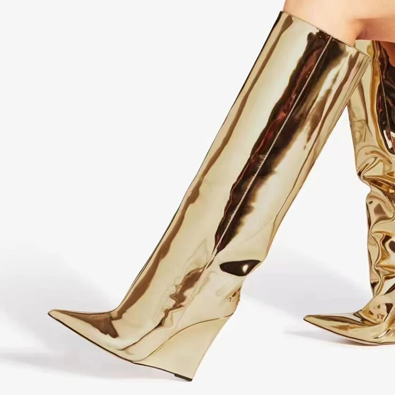 Women Custom Logo Patent Leather Knee High Booties Designer Wedge Heels Gold Metallic Long Boots Sexy Pointy Toe Shoes