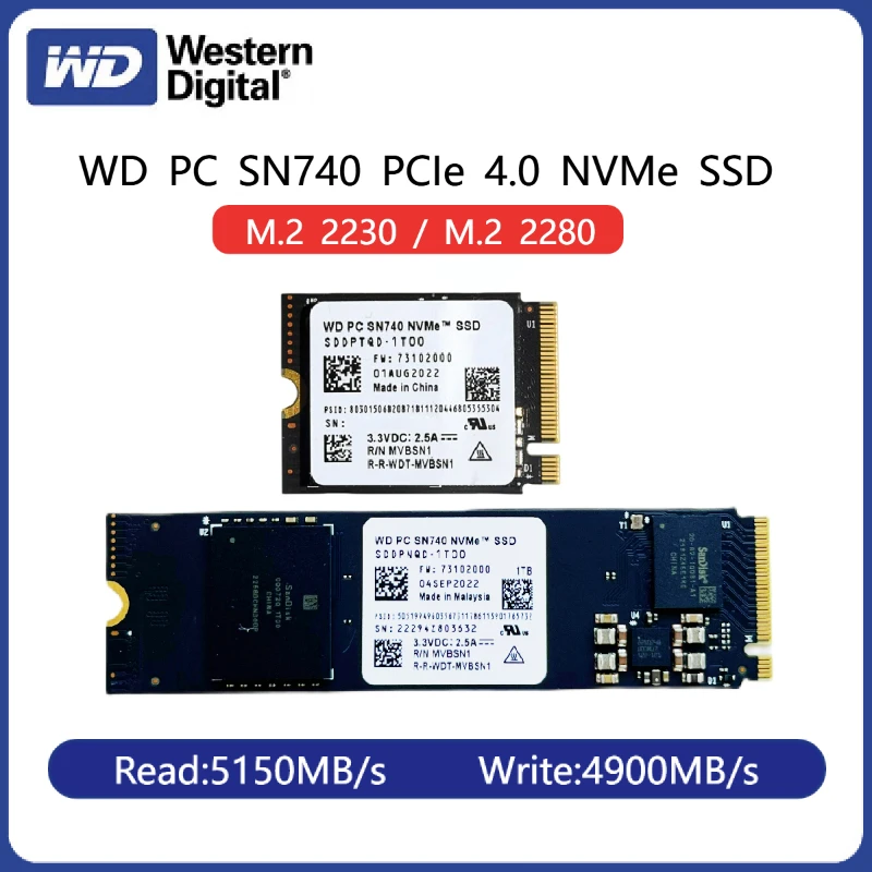 

Western Digital PC SN740 NVMe SSD 2 ТБ 1TB 512GB M.2 2230/2280 PCIe4.0x4 для Microsoft Surface ProX Surface Laptop 3 Steam Deck