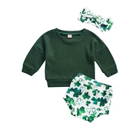st patricks day infant baby girl 3pc clothes sets solid color long bat sleeve tops four leaf clover print shorts bow headband