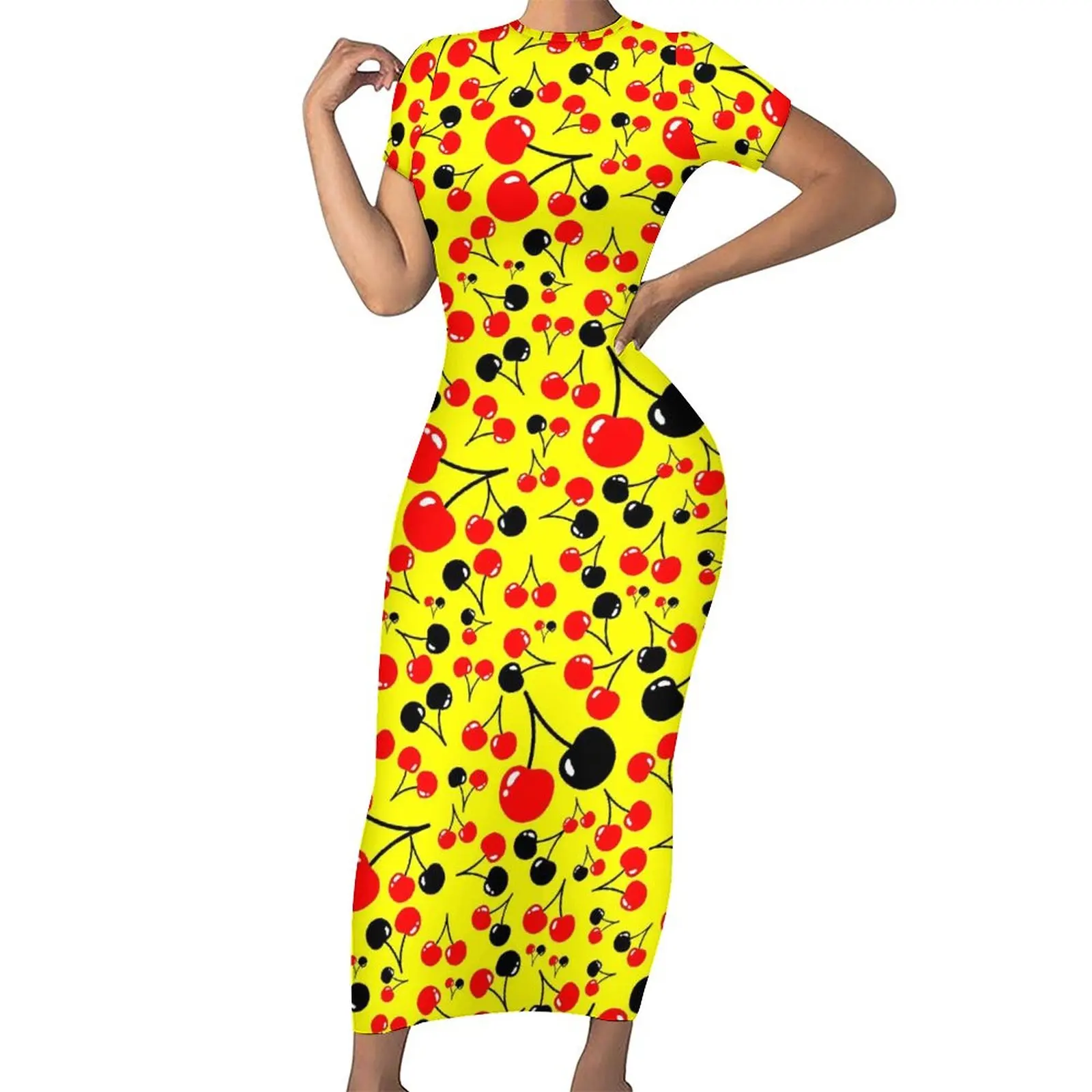 

Женское летнее платье-макси с коротким рукавом и принтом фруктов