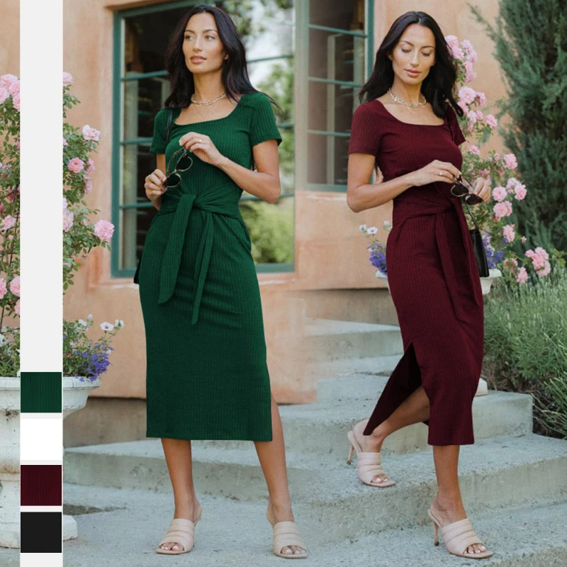 

Women's Dress 2022 Spring and Summer New Fashion Rib Strap Sexy Slim Fit Bag Hip Split Simple Style Women's Dress