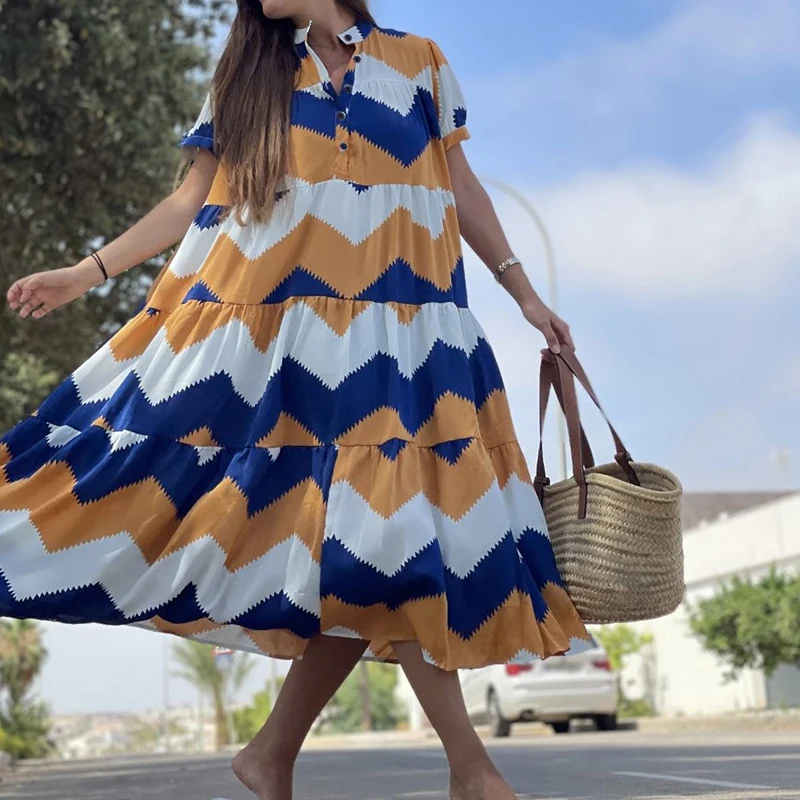 

Летние модные платья для женщин, платья с V-образным вырезом, отложным воротником, пуговицами и коротким рукавом, свободное пляжное праздничное длинное платье с винтажным принтом, Халат