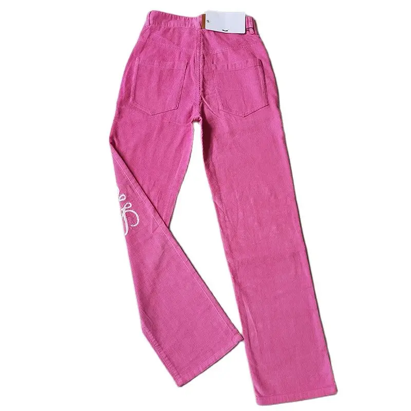 

2023 Autumn New High Waist Hollow Patch Embroidery Logo Decoration Pink Corduroy Straight Barrel Casual Women's Pants