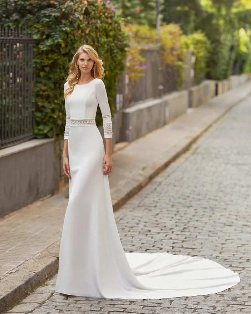 

Elegantes Vestidos De Noiva Simples Satín Long Sleeve Bohemia Backless Wedding Dress Round Neck Bridal Gown With Court Train