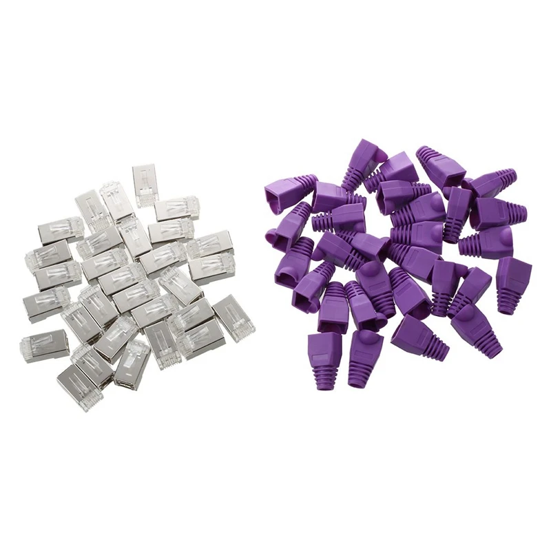 

30Pcs Metal Shielded 8P8C RJ45 Plug With Protective Sleeve & 50Pcs Plastic Boot Cap Plug Head