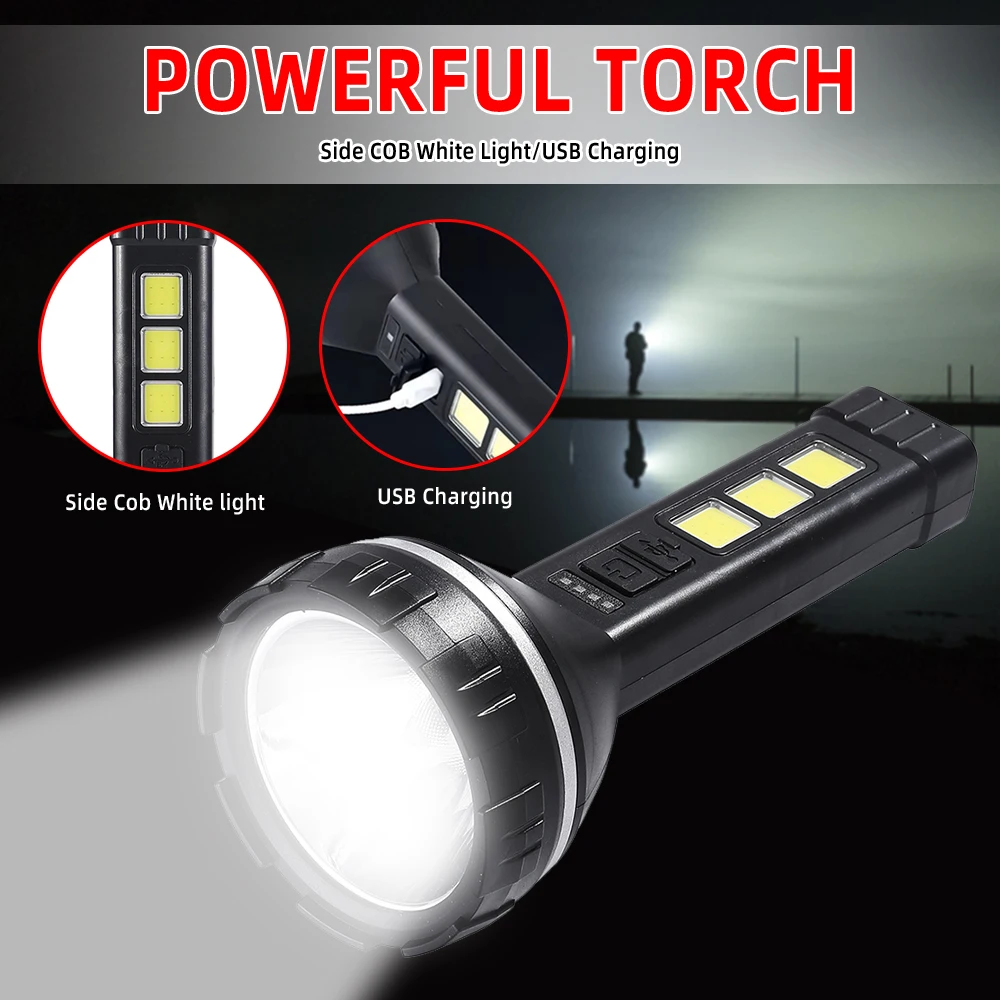 

Super Bright Flashlight with COB Side Lamp USB/Solar Rechargeable Flashlight Outdoor Camping Lamp High Power Emergency Lamp