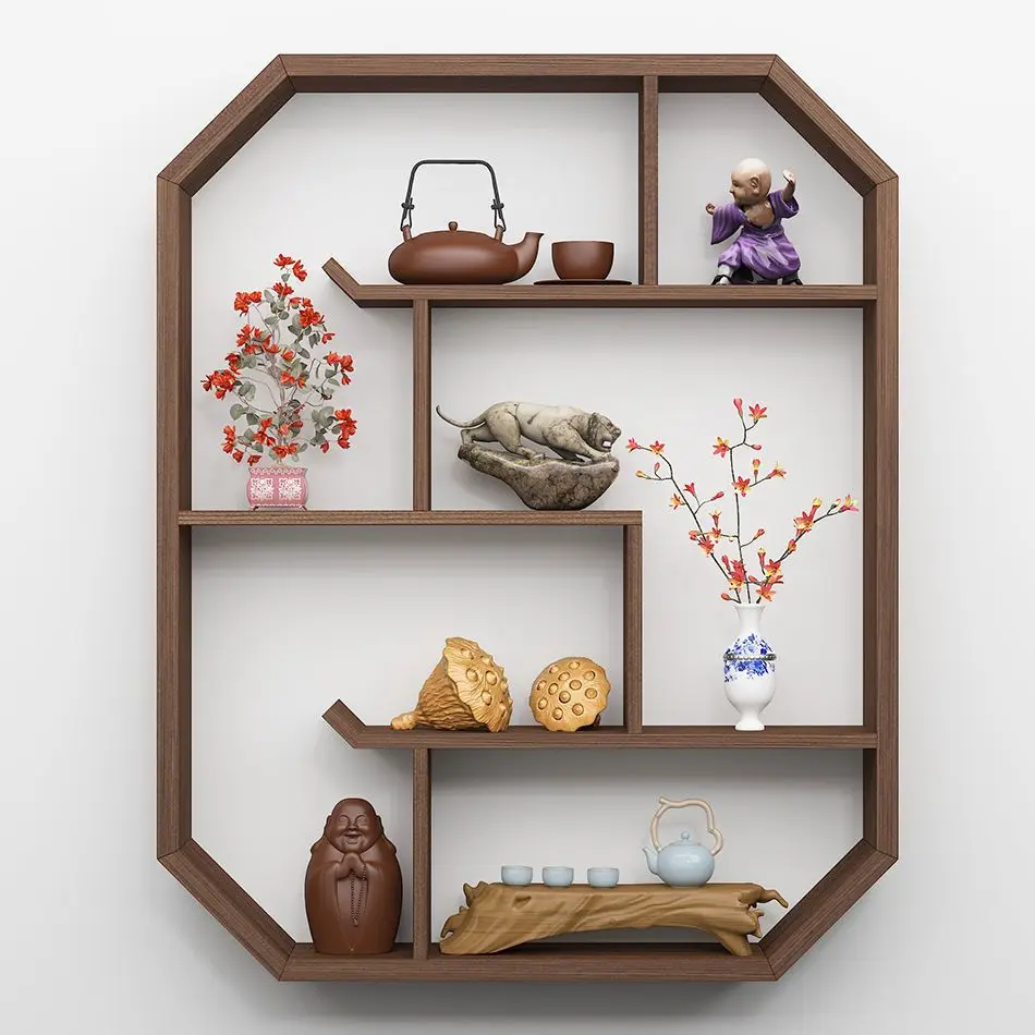

Antique frame solid wood Chinese simple living room wall hanging shelf shelf shelves wall display shelf flower shelf Zen
