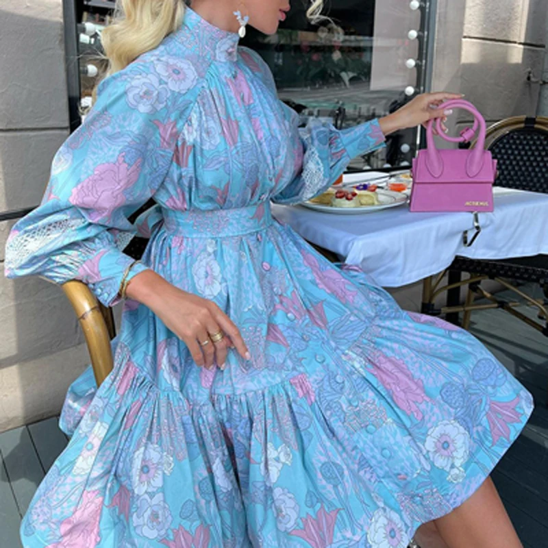 

2022 Women Elegant Retro Turtleneck Floral Dress Ladies High Street Lantern Sleeve Print Dress Fashion Button Ruffle Mini Dress
