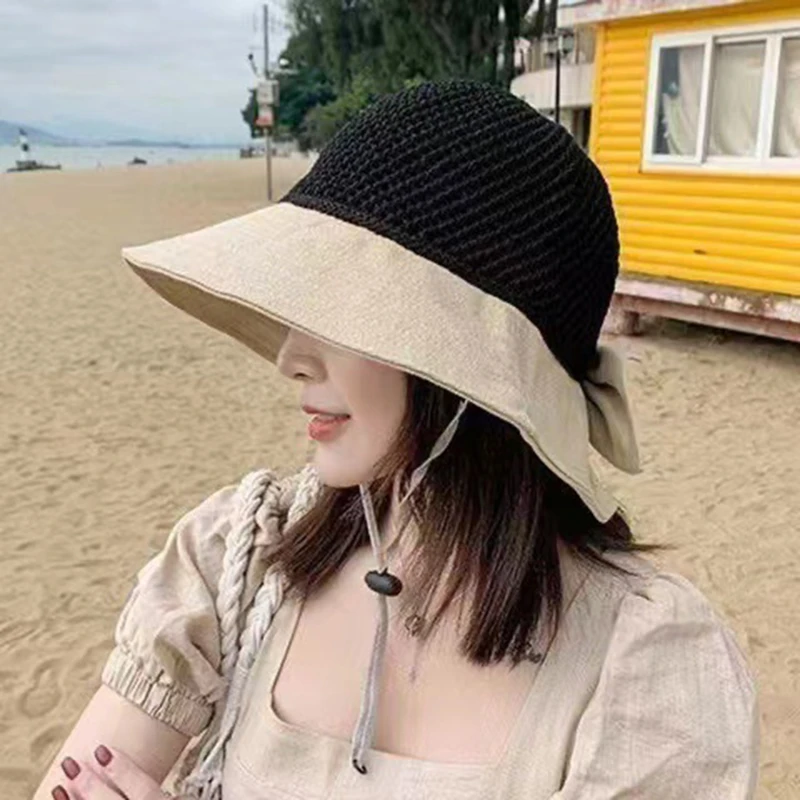 

Women's Sun Hat Bucket Hats Spring Summer And Autumn Breathable Hollow Stitching Foldable Hat Outdoor Beach Bow Hats