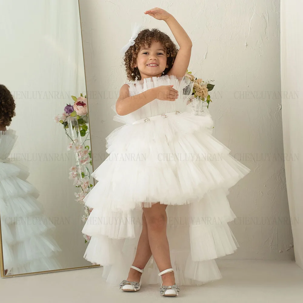 

Ivory Flower Girl Dress Luxury Hi-Lo Princess Dress Tulle First Communion Dresses A-Line Tiered Girl Dress Child Birthday Gowns