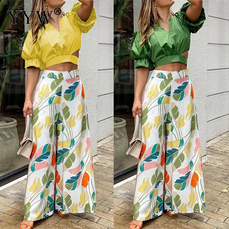 

New Casual Suit V-Neck Short-Sleeved Shirt High Waiste Printed Wide Leg Trousers Two-Piece Set Polyester Trousers Women Set
