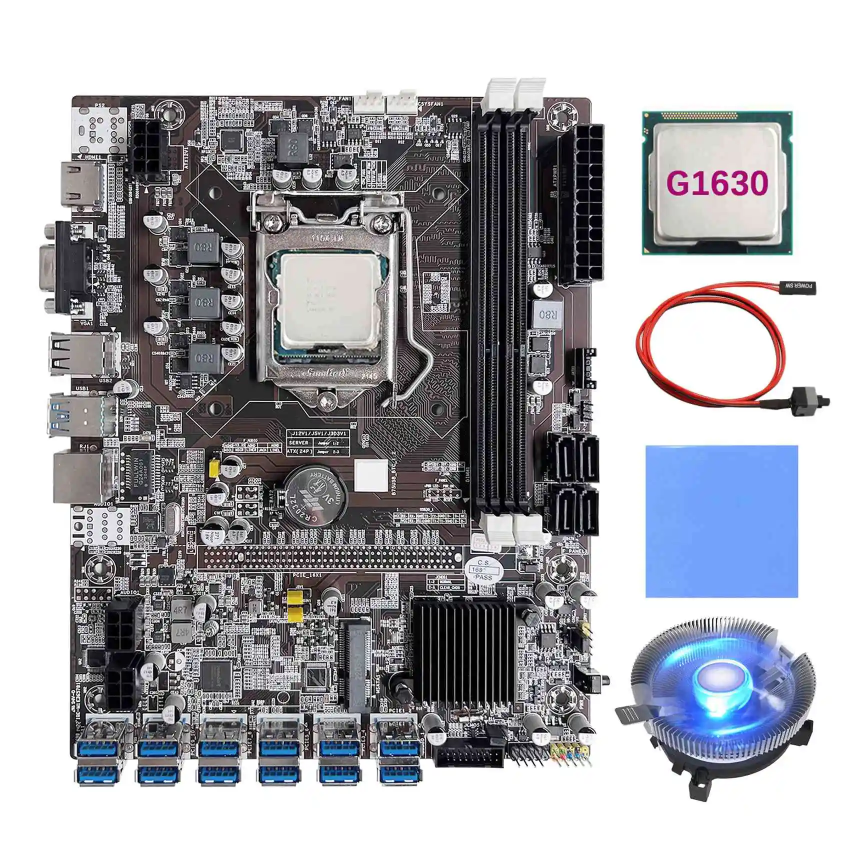 

New B75 12 Card GPU BTC Mining Motherboard+G1630 CPU+Fan+Thermal Pad+Switch Cable 12XUSB3.0 Slot LGA1155 DDR3 RAM MSATA