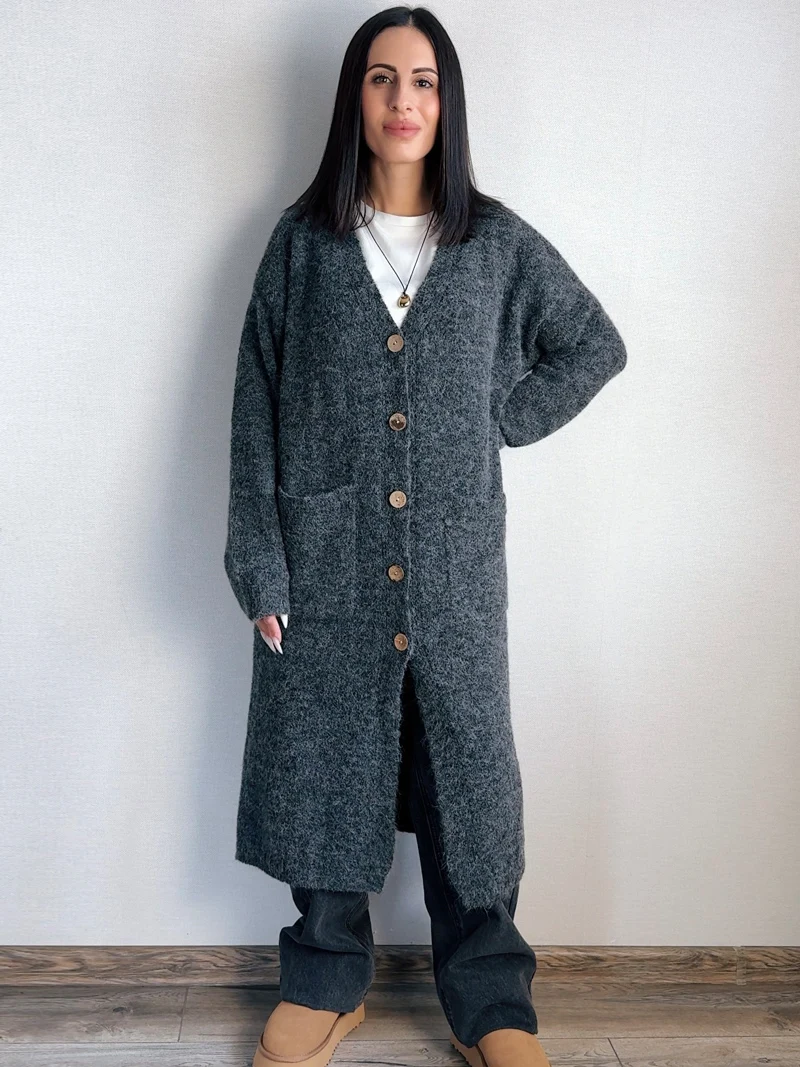 Женский длинный кардиган с V-образным вырезом и длинными рукавами