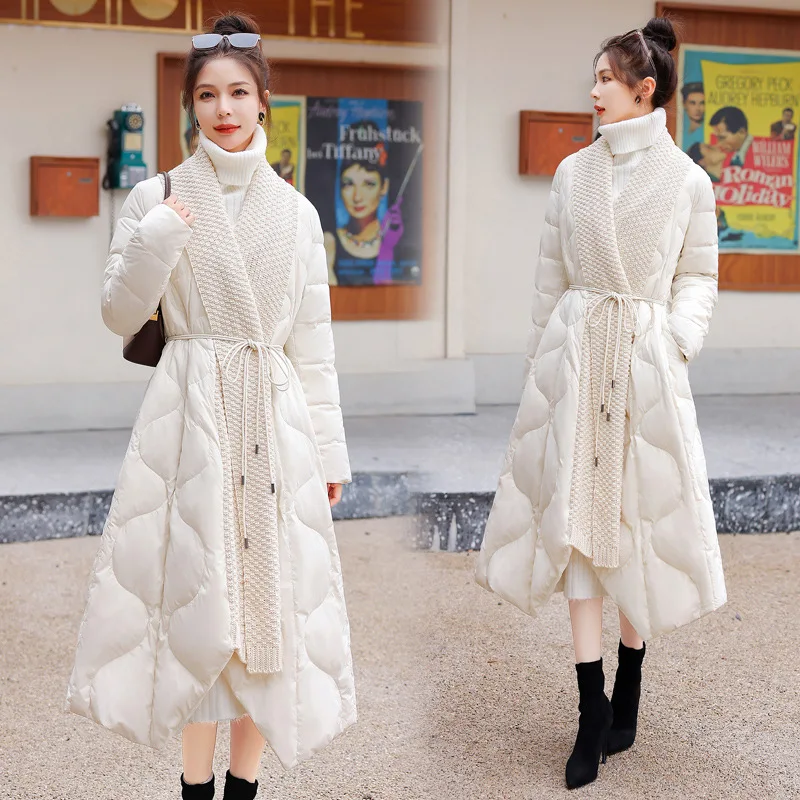 

Fashion stitching knitted scarf collar down jacket female long winter Korean temperament celebrity knee-length cotton jacket