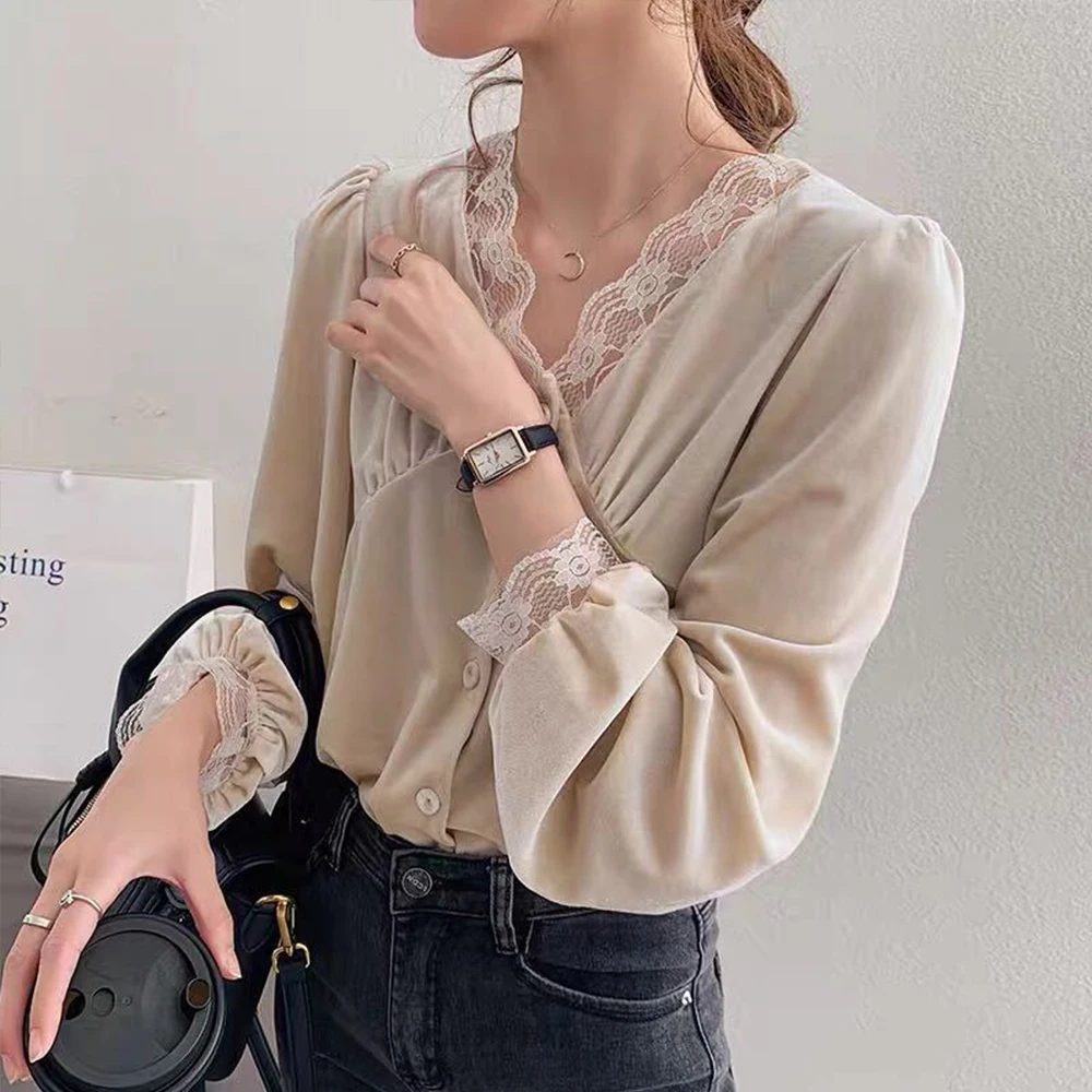 

Shirt Women's 2022New Retro Hong Kong-flavored Velvet Top Loose Foreign Lace Long-sleeved Shirt Women Blouse 2022 Female Shirt