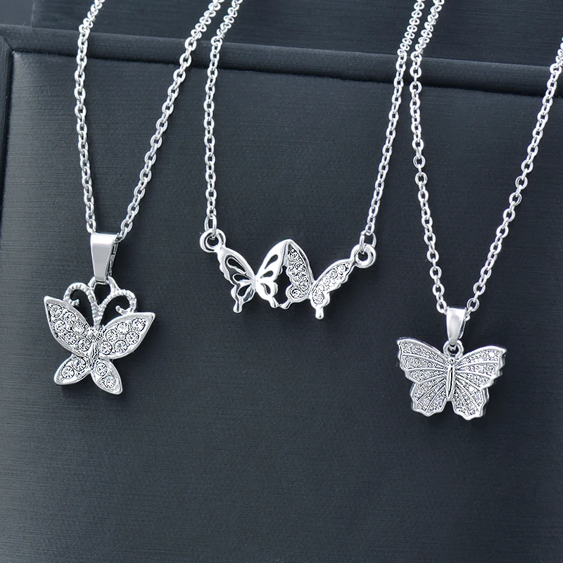 

SINLEERY korean fashion Stainless Steel Necklace For Women Butterfly Silver Color Chains With Pendants Jewelry XL194 SSK