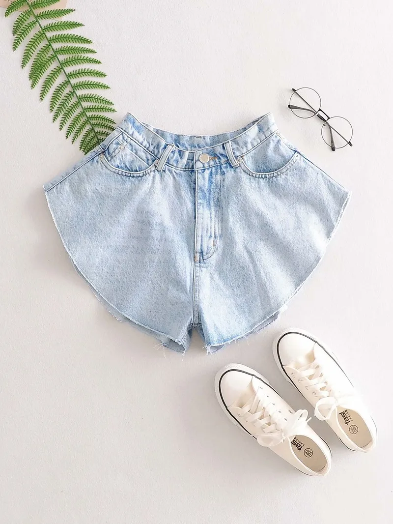 2021 Summer Casual Blue Denim Shorts Skirts High Waist Ruffle Hem All-Match Loose Ruched Shorts Female New Fashion Clothing Tide