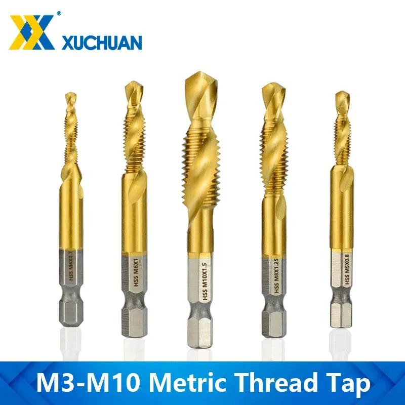 

7pcs Metric Screw Tap M3-M12 Combined Tap and Drill Hex Shank TiN Coating HSS Thread Tap Machine Plug Tap Hand Tools