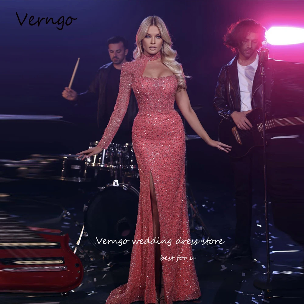 

Вечерние блестящие розовые платья-русалки Verngo с длинным рукавом и высоким вырезом, блестящие платья с разрезом в Дубае для выпускного вечера