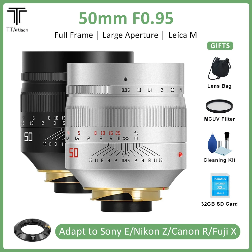 

Объектив TTArtisan 50 мм F0.95 для камер Leica M-Mount с адаптером, совместимый с Sony E Nikon Z Canon R Fuji X GFX