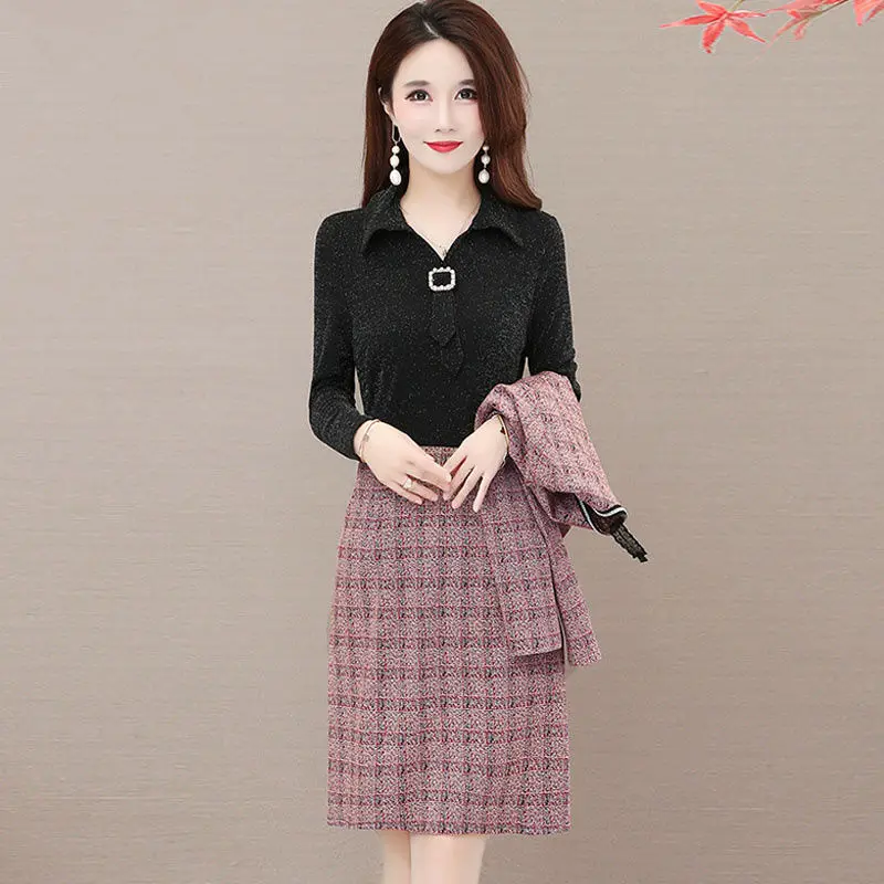 Women Vintage Dress Two Peice Suit Fall Winter Plaid Cardigans Jacket +Turn Down Collar Dress Outfits Office Lady Plus Size Set
