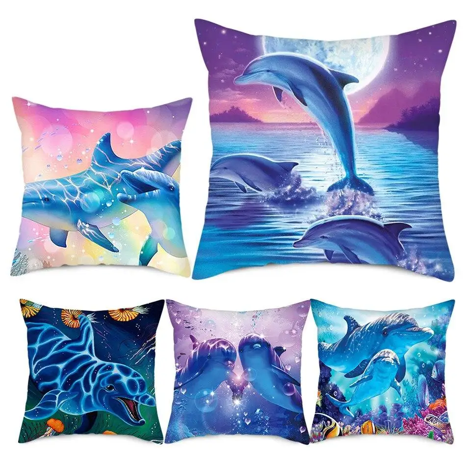 

45x45cm Cute Dolphin Pattern Cushion Cover Color Sea World Pillow Case Home Sofa Car Decoration Pillowcase