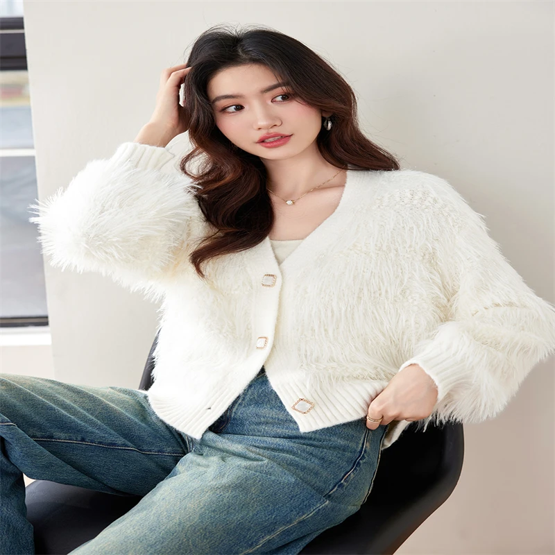 Осенне-зимний модный вязаный кардиган с v-образным вырезом женский ленивый стиль