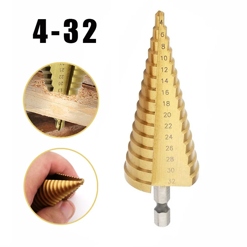 

4-32mm HSS step drill bit straight groove conical drills titanium coated metal hexagonal shank drill bits wood metal hole cutter